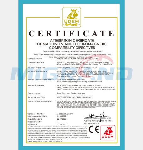 tube filling and sealing machine CE certification certificate of Hunan Migrand Machinery Technology Co., Ltd. – certificate photo, supplier certificates section