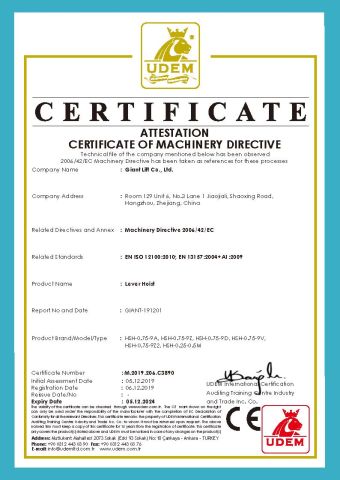 CE-LEVER HOIST certificate of Giant Lift Co., Ltd. – certificate photo, supplier certificates section