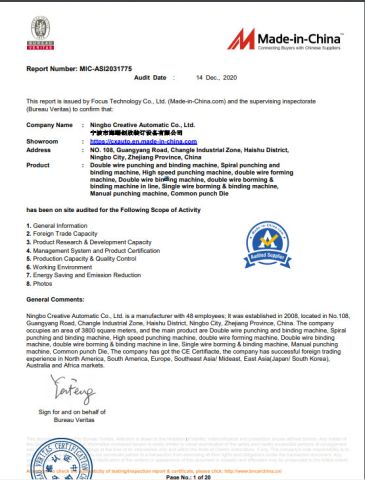 BV Audited supplier verification certificate from Ningbo Creative Automatic Co., Ltd.