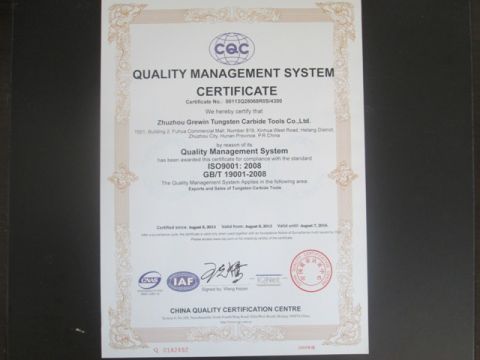 ISO Certification certificate from Zhuzhou Grewin Tungsten Carbide Tools Co., Ltd.