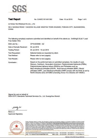 ROHS report of Sn99Ag0.3Cu0.7 certificate from Foshan Xi Feng Tin Products Co., Ltd.