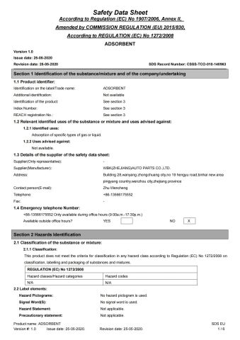 MSDS certificate from ZHEJIANG WBK TECHNOLOGY CO., LTD.
