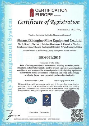 ISO9001 certificate from Shaanxi Zhongtuo Mine Equipment Co., Ltd.