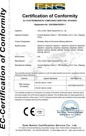 CE certificate for wireless tattoo & permanent makeup machine certificate from Yiwu Limem Tattoo Equipment Co., Ltd.