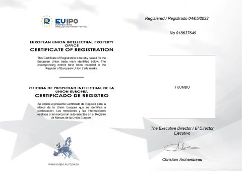 EUROPEAN UNION INTELLECTUAL PROPERTY OFFICE CERTIFICATE OF REGISTRATION certificate from Taizhou Hjumbo Machinery Co. Ltd.