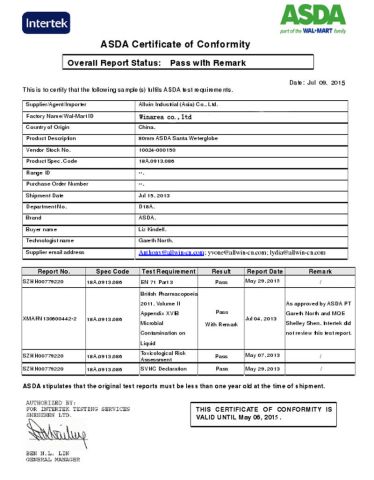 ASDA certification certificate from Winarea Co., Ltd.