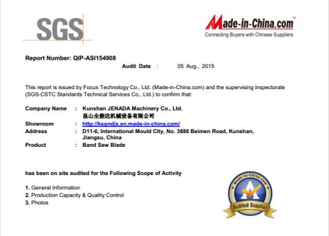 SGS certificate from Kunshan JENADA Machinery Co., Ltd.