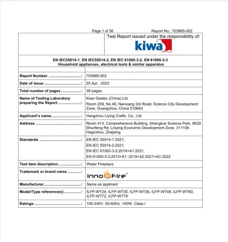 EMC for water vapor fireplace certificate from HANGZHOU LIYING CRAFTS CO., LIMITED