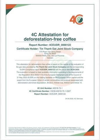EUDR certificate from Tin Thanh Dat Joint Stock Company (TTD)