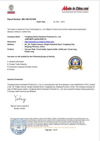 CERTIFICATE certificate of Yongkang Senhe Hardware Products Co., Ltd. – certificate photo, supplier certificates section