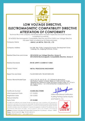 CE certificate of Anhui Lja Metal Tech Co., Ltd – certificate photo, supplier certificates section