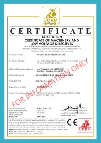CE for Labeling machine certificate of Zhejiang Youlian Machinery Manufacturing Co., Ltd. – certificate photo, supplier certificates section
