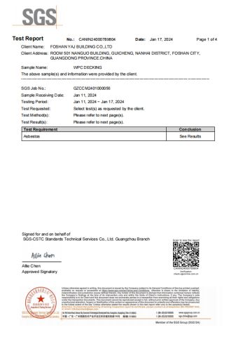 Test report for WPC decking certificate of Foshan YAJ Building Co., Ltd. – certificate photo, supplier certificates section
