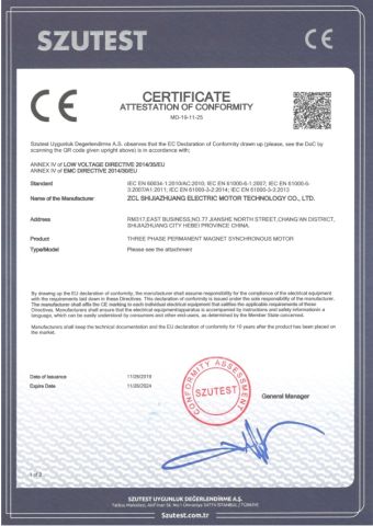 CE certificate from ZCL Electric Motor Technology Co., Ltd.