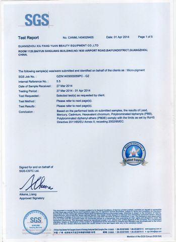 SGS certificate from Guangzhou Xiufangyuan Beauty Equipment Co., Ltd.
