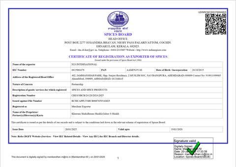 SPICES BOARD of INDIA certificate of N23 International – certificate photo, supplier certificates section