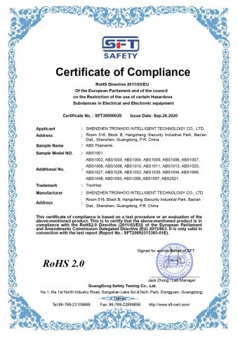 ABS_Filaments_ROHS_Certificate certificate of Xiaohoo Intelligent Technology Co., Ltd. – certificate photo, supplier certificates section