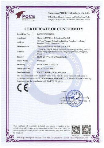 CE-LVD certificate from Shenzhen UTP Fiber Technology Co., Ltd.