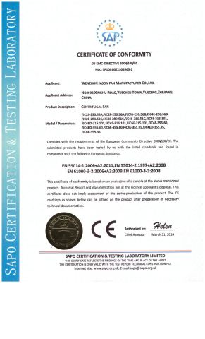 CE for centrifugal fan larger than 250mm certificate of Wenzhou Jason Fan Manufacturer Co., Ltd. – certificate photo, supplier certificates section
