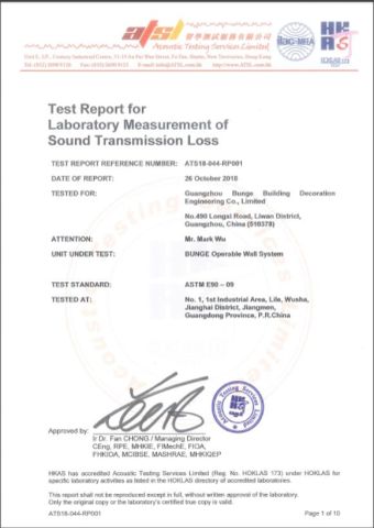 TEST REPORT FOR SOUND INSULATION certificate from Guangdong Bunge Building Material Industrial Co., Ltd.