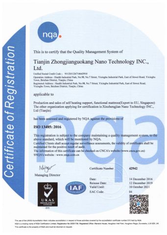 ISO13485-2019 certificate from Tianjin Zhongjianguokang Nano Technology Inc., Ltd.