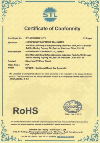 RoHS certificate from Koford Development Co., Limited