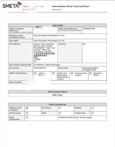 SMETA certificate from Heze Zhongran Woodware Co., Ltd