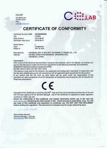 CE Certificate(Sunglasses) certificate from Sky & Sea Optical MFY Co., Ltd.