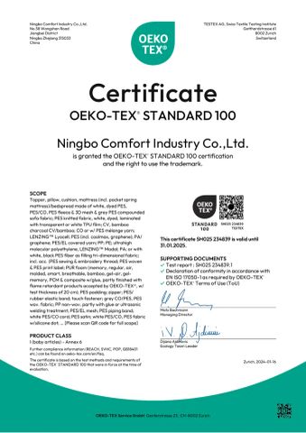 OEKO-TEX certificate from Ningbo Comfort Industry Co., Ltd.