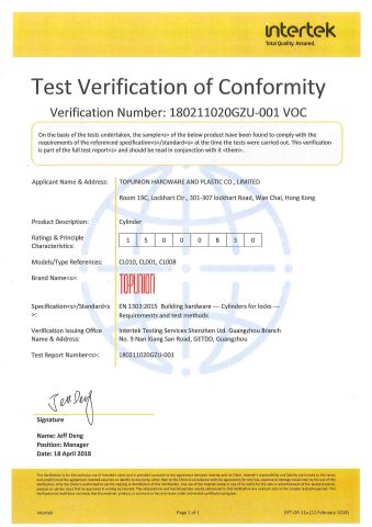 EN Certificate of Euro Profile Cylinder certificate from TOPUNION HARDWARE AND PLASTIC CO., LIMITED