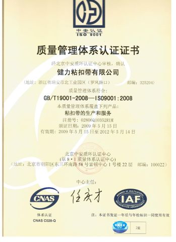 ISO 9001 certificate from Jianli Sticky Ribbon Co., Ltd.