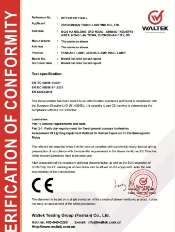 CE certificate from Zhongshan Touch Lighting Co., Ltd.