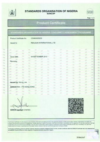 Soncap Certificate for Fan certificate from ZHONGSHAN DOUBLE CROWN ELECTRICAL APPLIANCE CO., LIMITED
