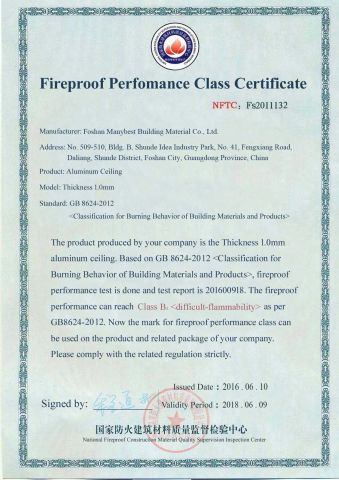 Fireproof Perfomance Class Certificate certificate from Manybest Building Materials Co., Ltd.