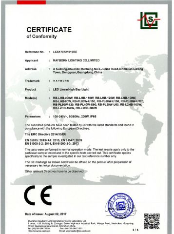 Linear High Bay EMC certificate from Rayborn Lighting Industry Co., Ltd.