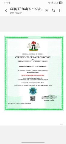 Zenith farm produce limited certificate from Zenith Homes and properties limited