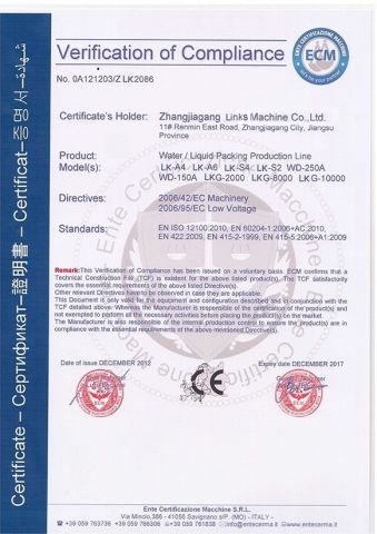 CE CERTIFICATE certificate of Zhangjiagang Links-Machine Co., Ltd. – certificate photo, supplier certificates section