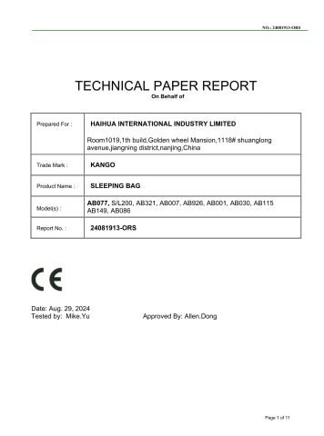Sleeping Bag certificate from Nanjing Kango Outdoor Products Co., Ltd.