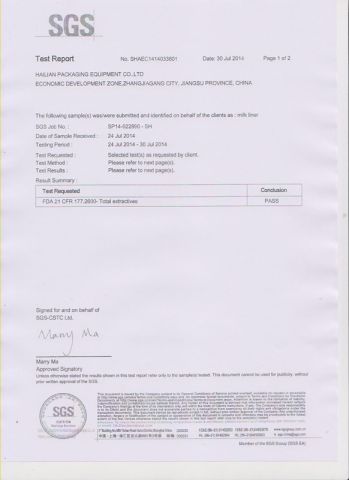 SGS FDA for milk liner certificate of Chuangpu Animal Husbandry Technology (Suzhou) Co., Ltd. – certificate photo, supplier certificates section