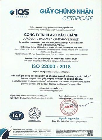 ISO certificate from ARO BAO KHANH COMPANY LIMITED