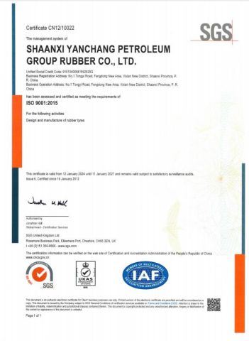 ISO9001 certificate from SHAANXI CARSEEN TYRE CO., LTD.