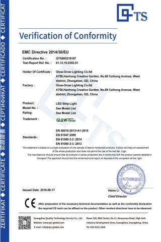 Low voltage strip light EMC certificate certificate of Glow-Grow Lighting Co., Ltd. – certificate photo, supplier certificates section