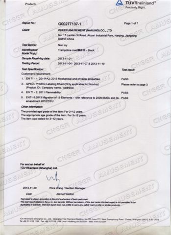 TUV Raw material Test Report of Trampoline mat Black certificate from Nanjing Pegasus Recreation Equipment Co., Ltd.
