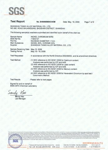 RoHS of Nichrome Wire certificate from Shanghai Tankii Alloy Material Co., Ltd.