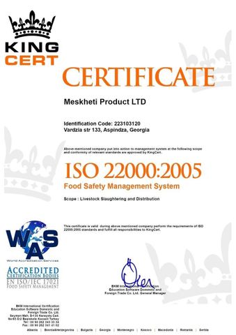 GEORGIAN ISO 22000:2005 certificate from MHMD LLC