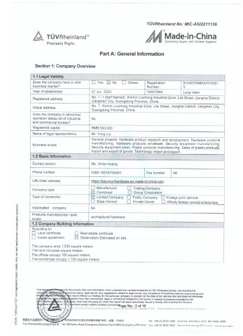 SUPPLIER ASSESSMENT REPORT certificate from TOPUNION HARDWARE AND PLASTIC CO., LIMITED