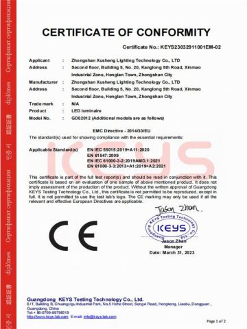 CE of LED luminaire certificate from Zhongshan Xusheng Lighting Co., Ltd.