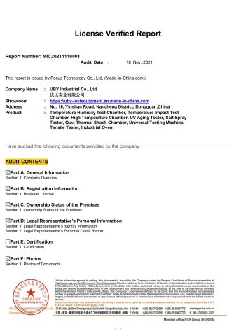 SGS certificate of UBY Industrial Co., Ltd. – certificate photo, supplier certificates section