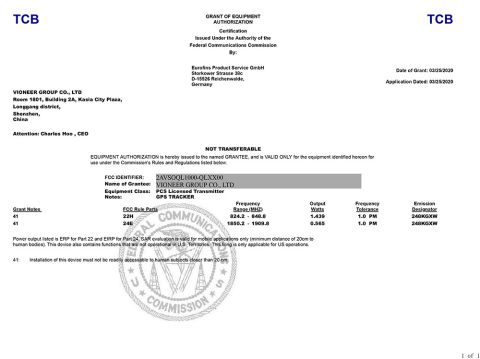 FCC Certificate certificate of Shenzhen Vioneer Telematics Co., Ltd. – certificate photo, supplier certificates section