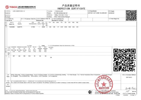 S30408 Stainless Steel certificate of Jiangsu Jinmingxin Metal Technology Co., Ltd. – certificate photo, supplier certificates section